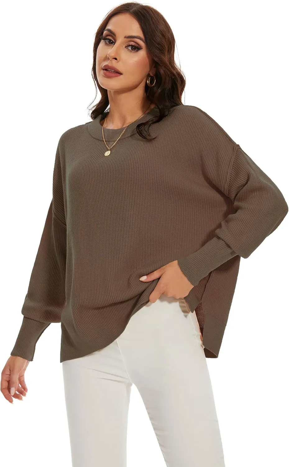 Women's Crewneck Long Sleeve Oversized Sweaters 2024 Fall Side Slit Ribbed Knit Pullover Sweater Tops