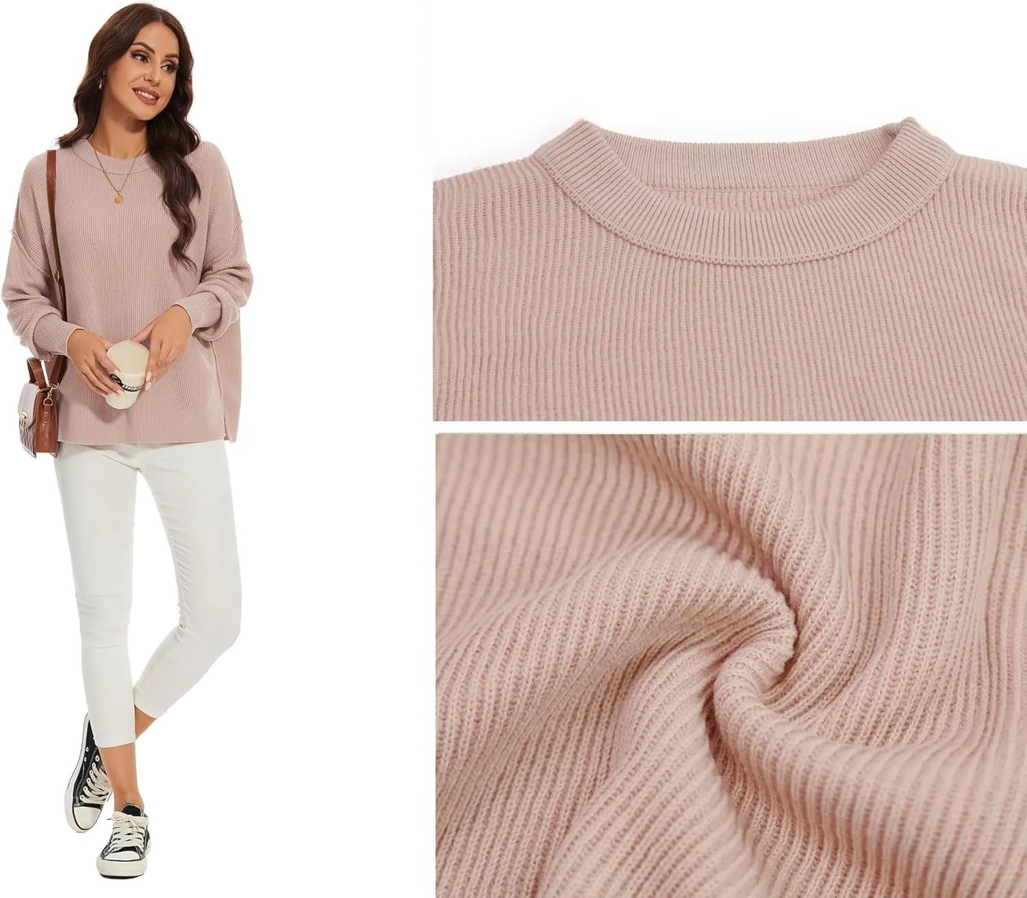 Women's Crewneck Long Sleeve Oversized Sweaters 2024 Fall Side Slit Ribbed Knit Pullover Sweater Tops