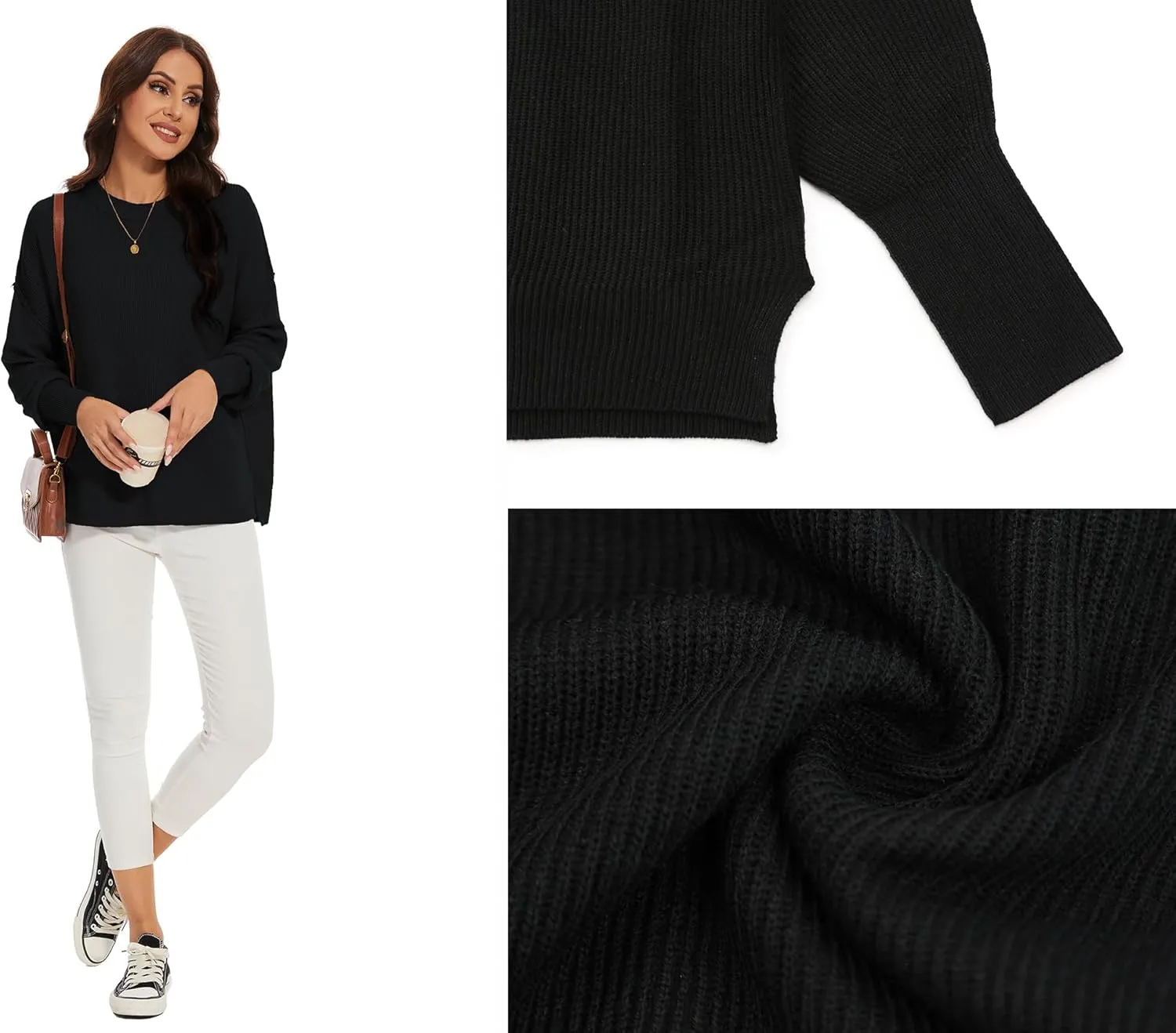 Women's Crewneck Long Sleeve Oversized Sweaters 2024 Fall Side Slit Ribbed Knit Pullover Sweater Tops