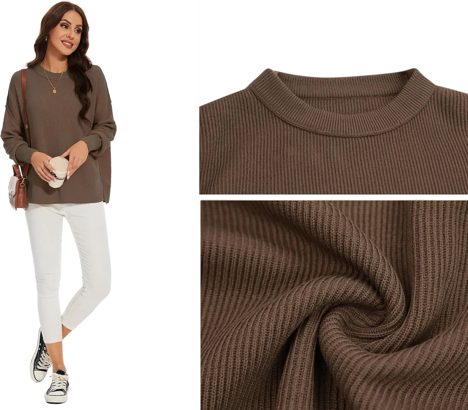 Women's Crewneck Long Sleeve Oversized Sweaters 2024 Fall Side Slit Ribbed Knit Pullover Sweater Tops