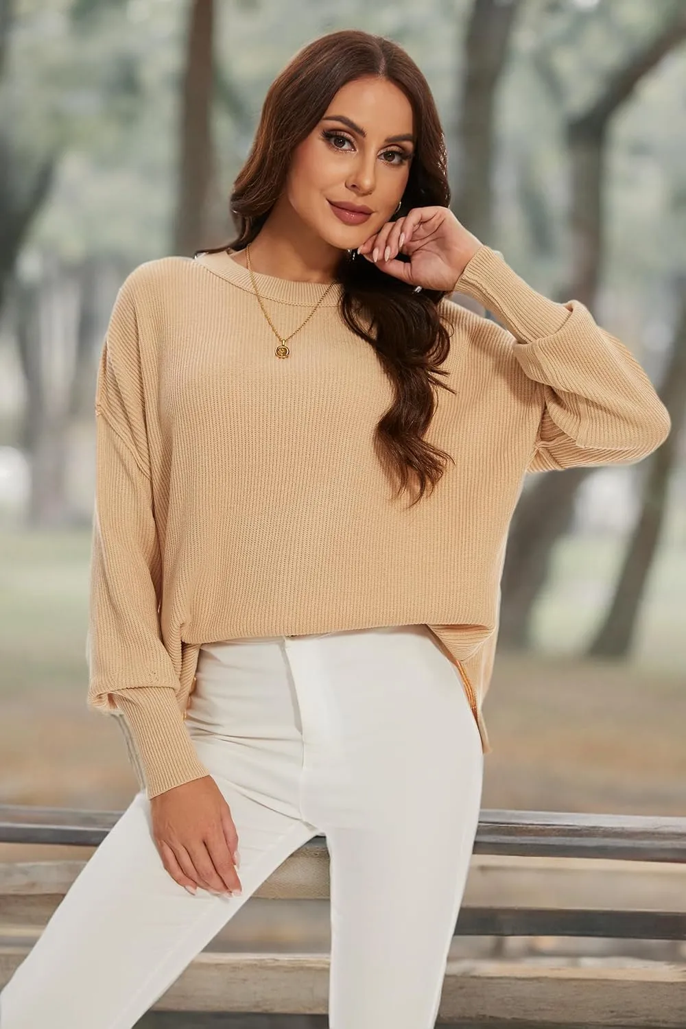 Women's Crewneck Long Sleeve Oversized Sweaters 2024 Fall Side Slit Ribbed Knit Pullover Sweater Tops