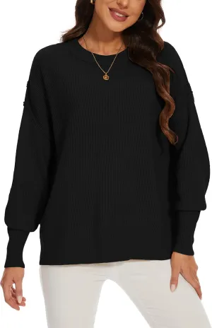 Women's Crewneck Long Sleeve Oversized Sweaters 2024 Fall Side Slit Ribbed Knit Pullover Sweater Tops