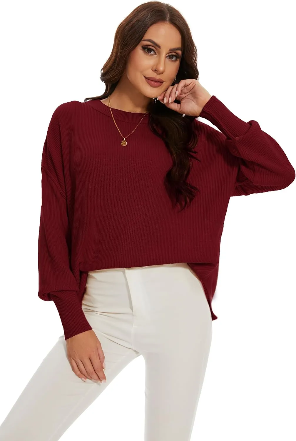 Women's Crewneck Long Sleeve Oversized Sweaters 2024 Fall Side Slit Ribbed Knit Pullover Sweater Tops