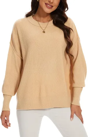Women's Crewneck Long Sleeve Oversized Sweaters 2024 Fall Side Slit Ribbed Knit Pullover Sweater Tops