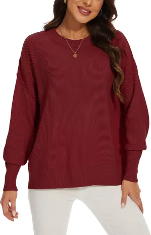 Women's Crewneck Long Sleeve Oversized Sweaters 2024 Fall Side Slit Ribbed Knit Pullover Sweater Tops