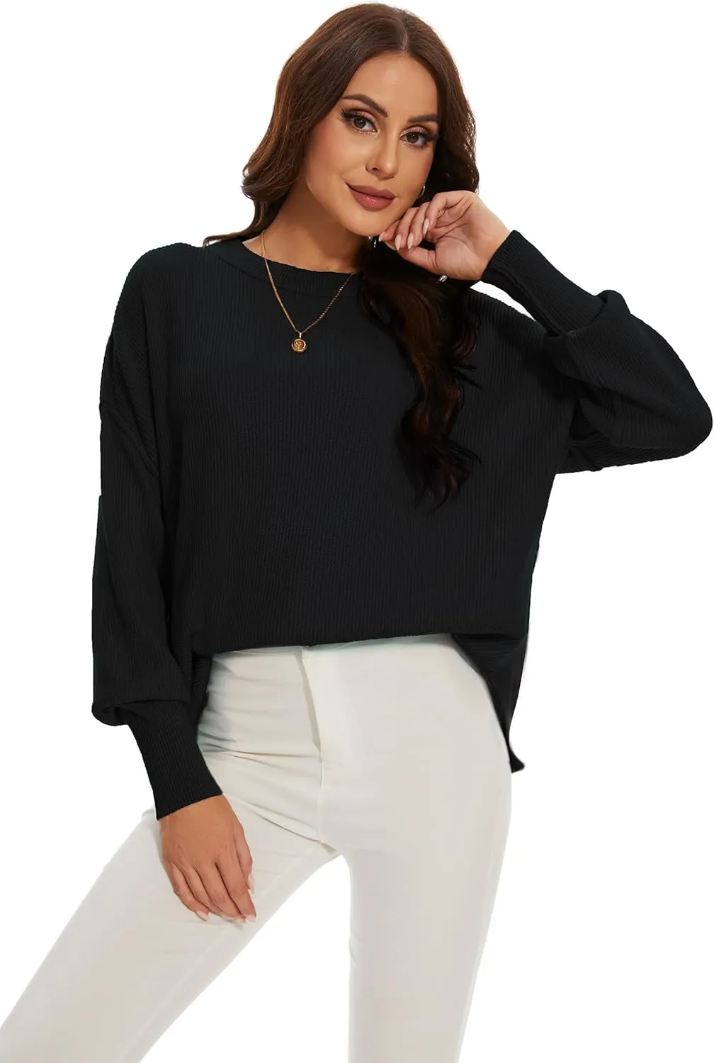 Women's Crewneck Long Sleeve Oversized Sweaters 2024 Fall Side Slit Ribbed Knit Pullover Sweater Tops