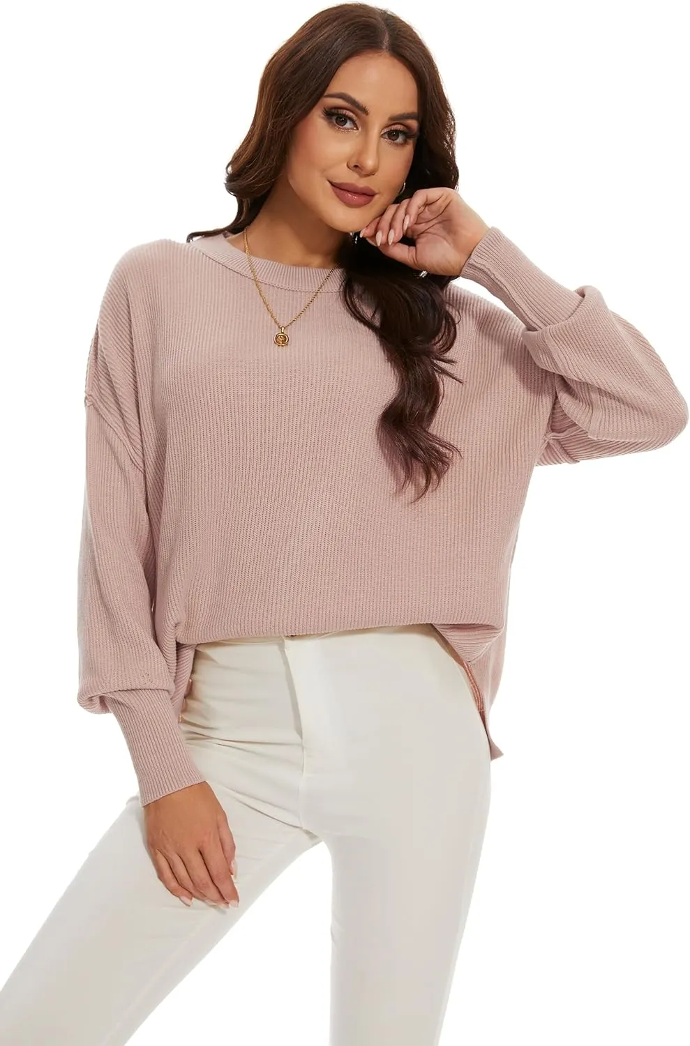 Women's Crewneck Long Sleeve Oversized Sweaters 2024 Fall Side Slit Ribbed Knit Pullover Sweater Tops
