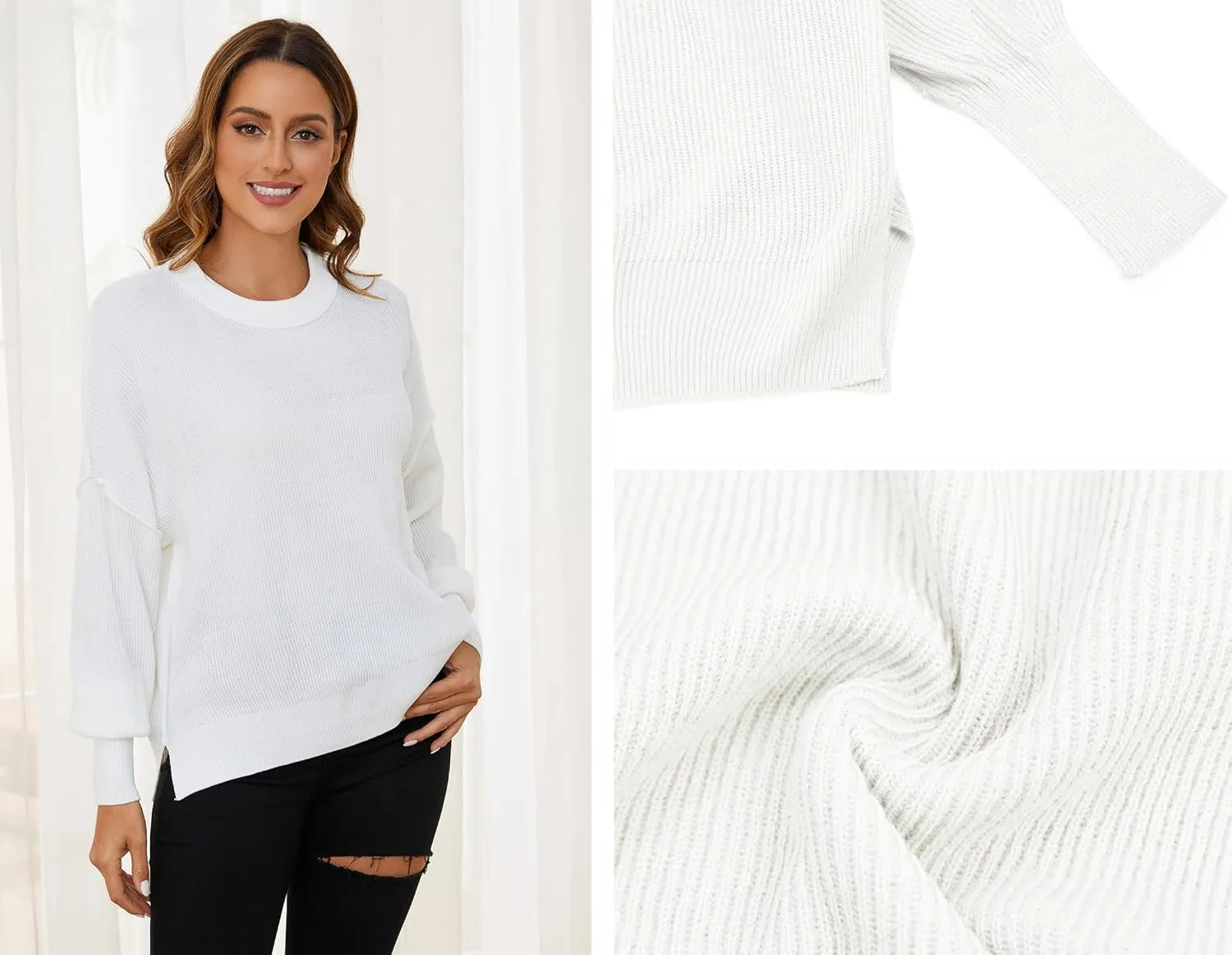 Women's Crewneck Long Sleeve Oversized Sweaters 2024 Fall Side Slit Ribbed Knit Pullover Sweater Tops