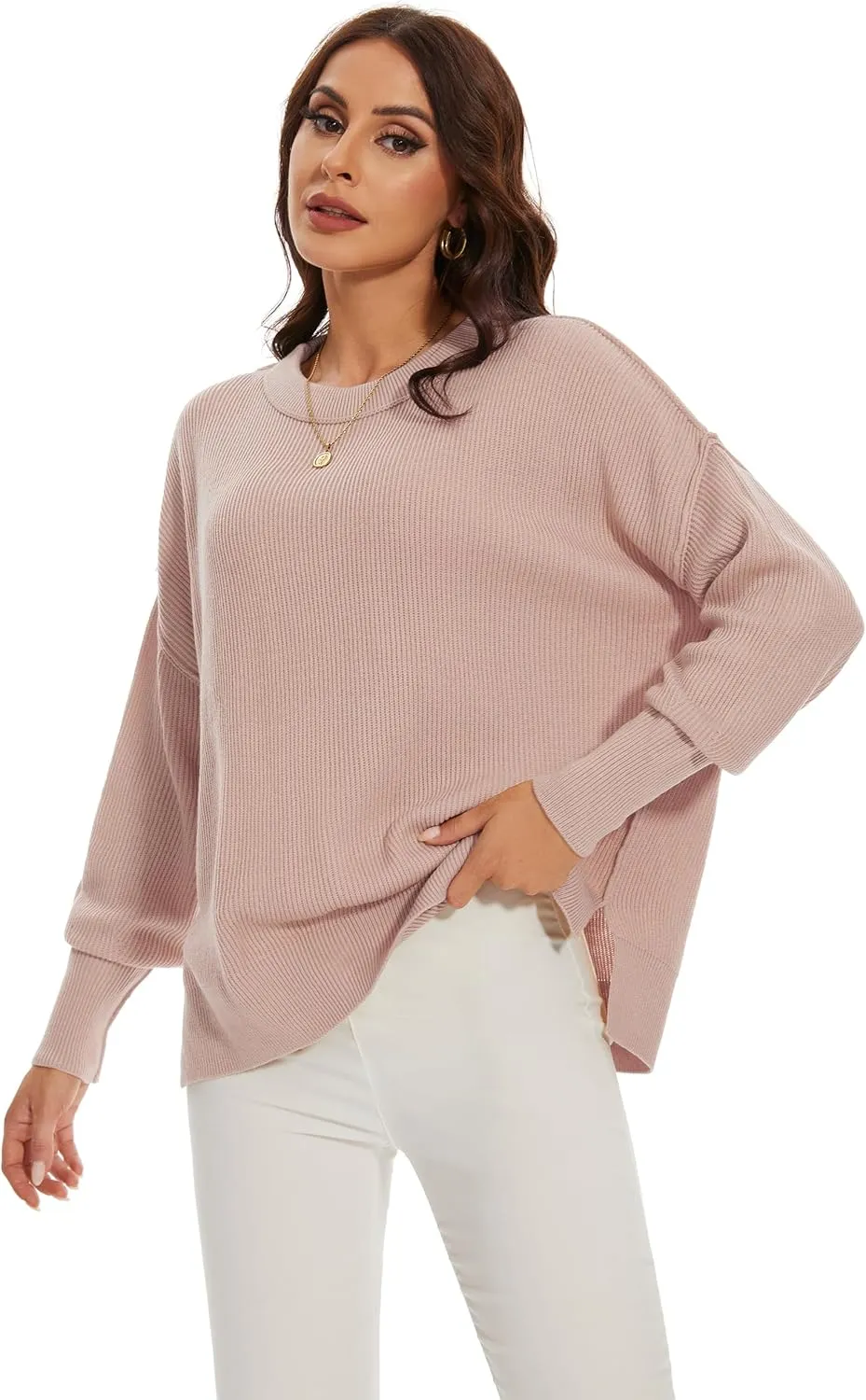 Women's Crewneck Long Sleeve Oversized Sweaters 2024 Fall Side Slit Ribbed Knit Pullover Sweater Tops