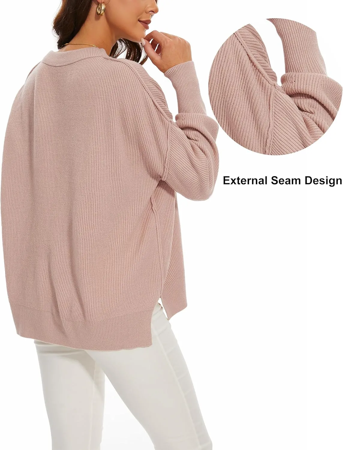 Women's Crewneck Long Sleeve Oversized Sweaters 2024 Fall Side Slit Ribbed Knit Pullover Sweater Tops