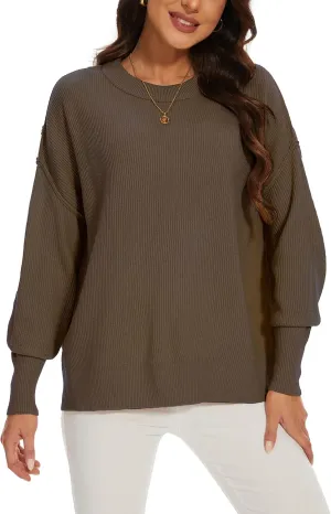Women's Crewneck Long Sleeve Oversized Sweaters 2024 Fall Side Slit Ribbed Knit Pullover Sweater Tops