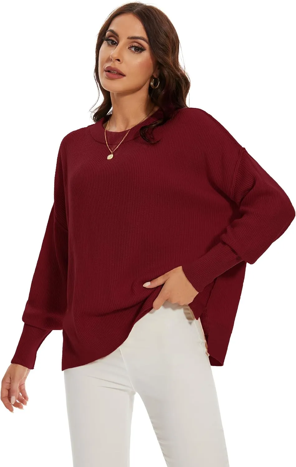 Women's Crewneck Long Sleeve Oversized Sweaters 2024 Fall Side Slit Ribbed Knit Pullover Sweater Tops
