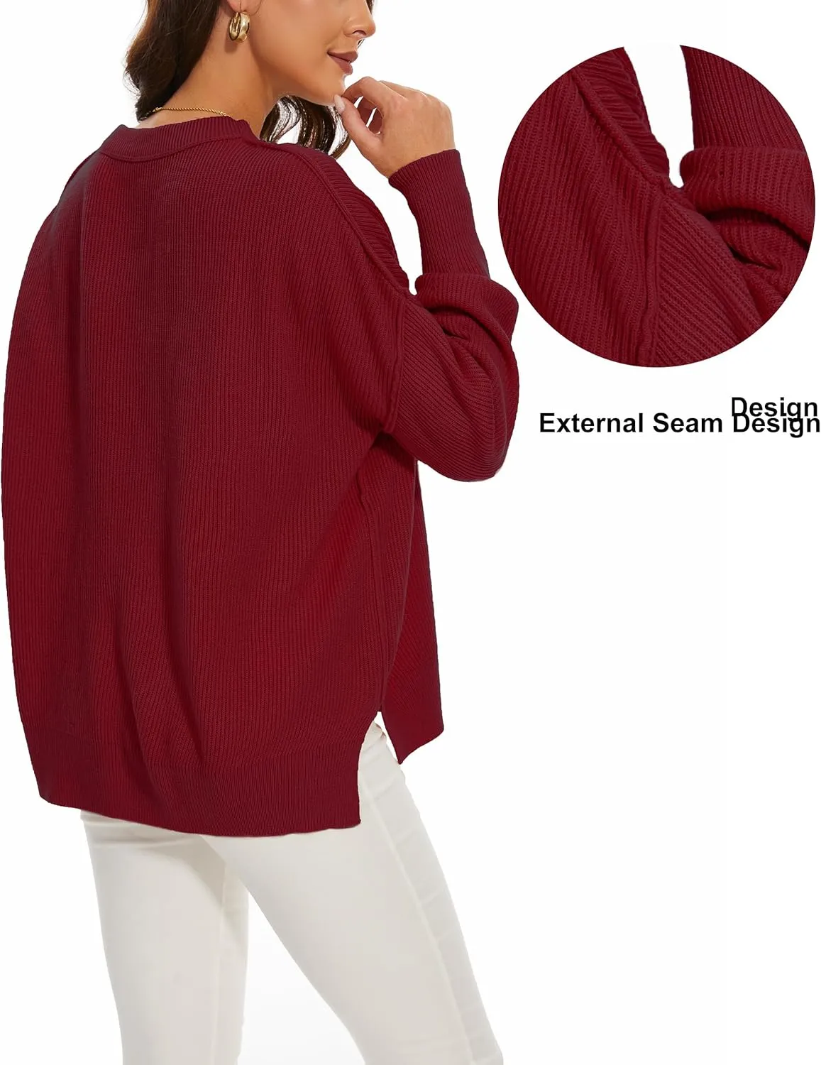 Women's Crewneck Long Sleeve Oversized Sweaters 2024 Fall Side Slit Ribbed Knit Pullover Sweater Tops