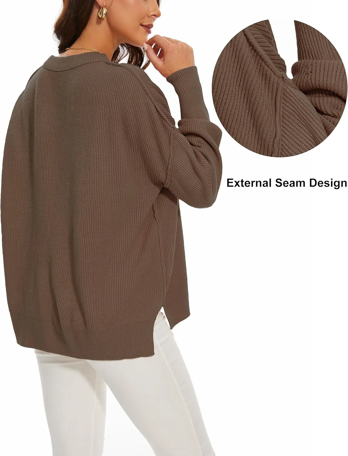 Women's Crewneck Long Sleeve Oversized Sweaters 2024 Fall Side Slit Ribbed Knit Pullover Sweater Tops