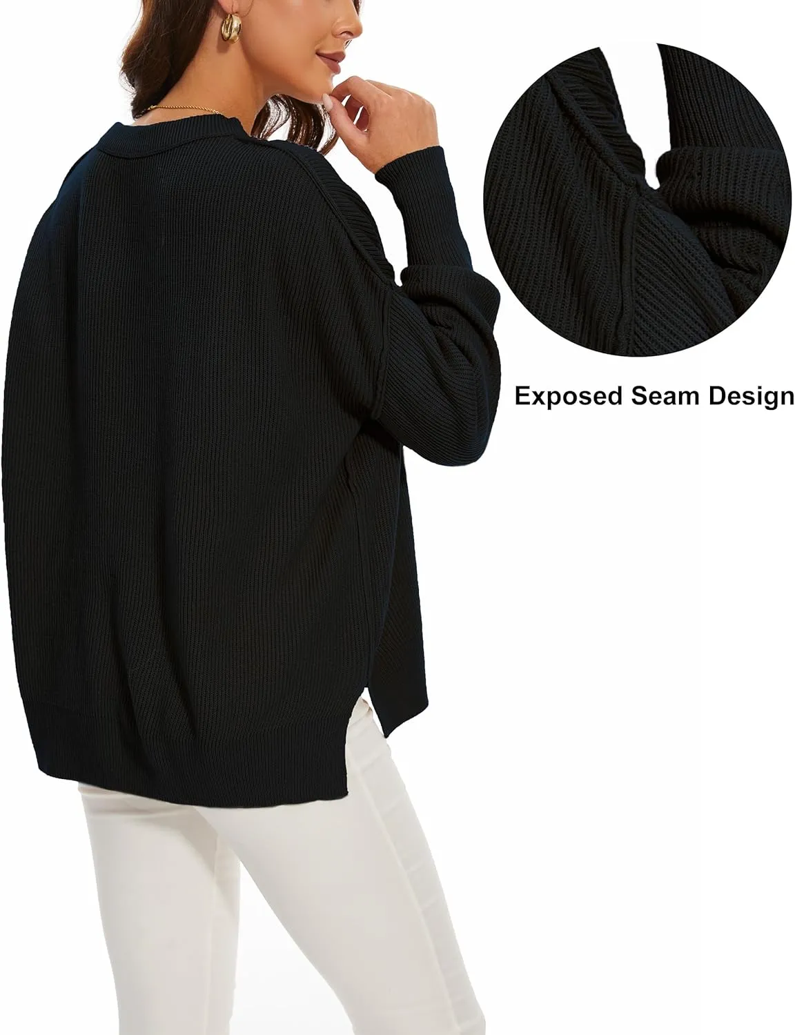 Women's Crewneck Long Sleeve Oversized Sweaters 2024 Fall Side Slit Ribbed Knit Pullover Sweater Tops