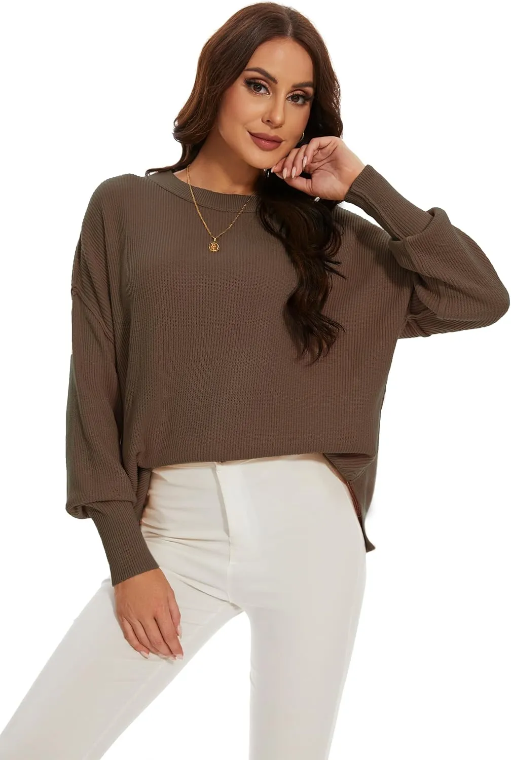 Women's Crewneck Long Sleeve Oversized Sweaters 2024 Fall Side Slit Ribbed Knit Pullover Sweater Tops