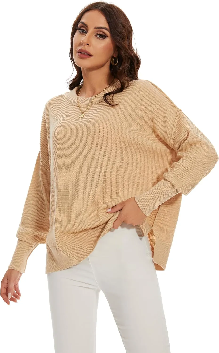 Women's Crewneck Long Sleeve Oversized Sweaters 2024 Fall Side Slit Ribbed Knit Pullover Sweater Tops