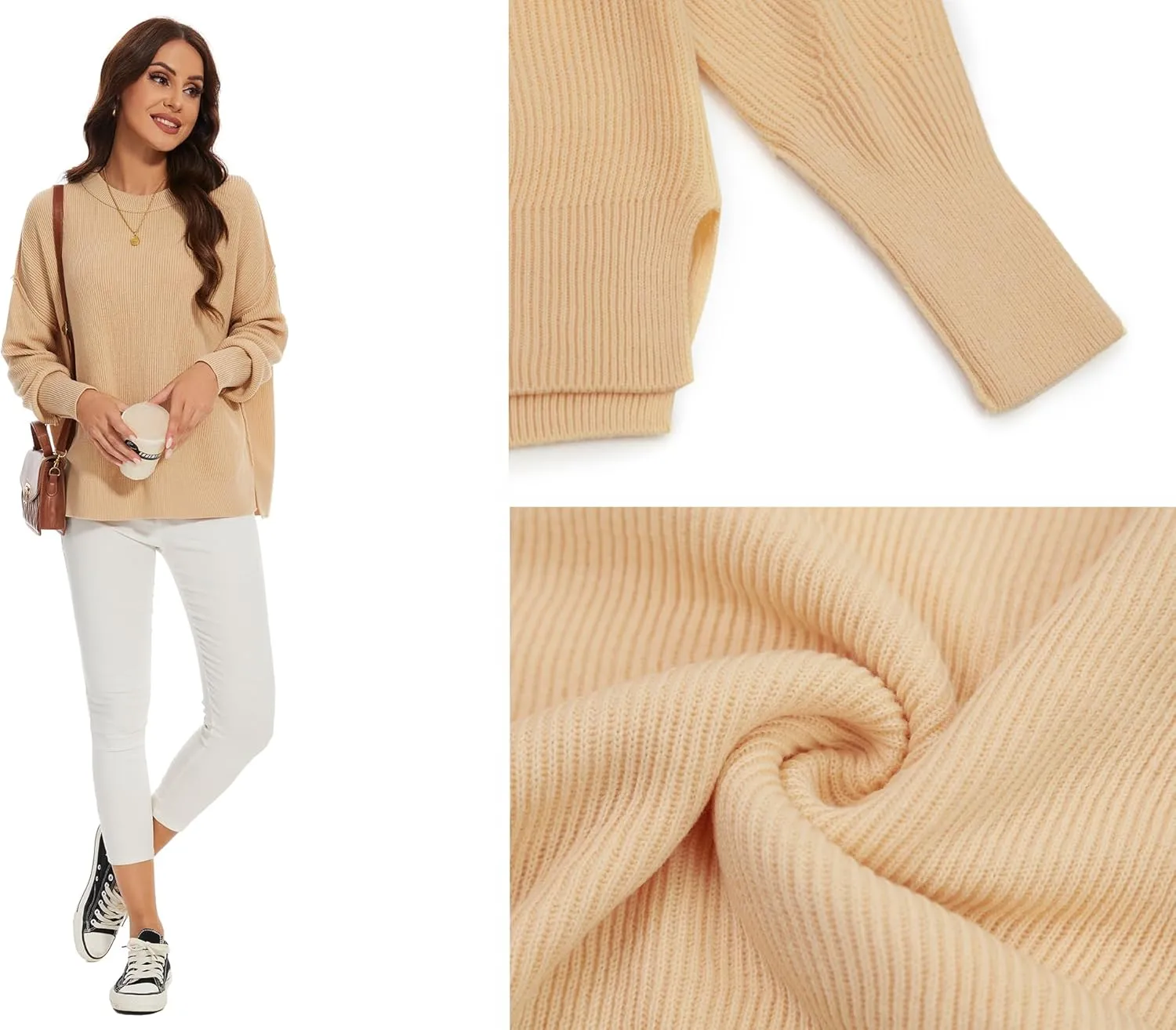 Women's Crewneck Long Sleeve Oversized Sweaters 2024 Fall Side Slit Ribbed Knit Pullover Sweater Tops
