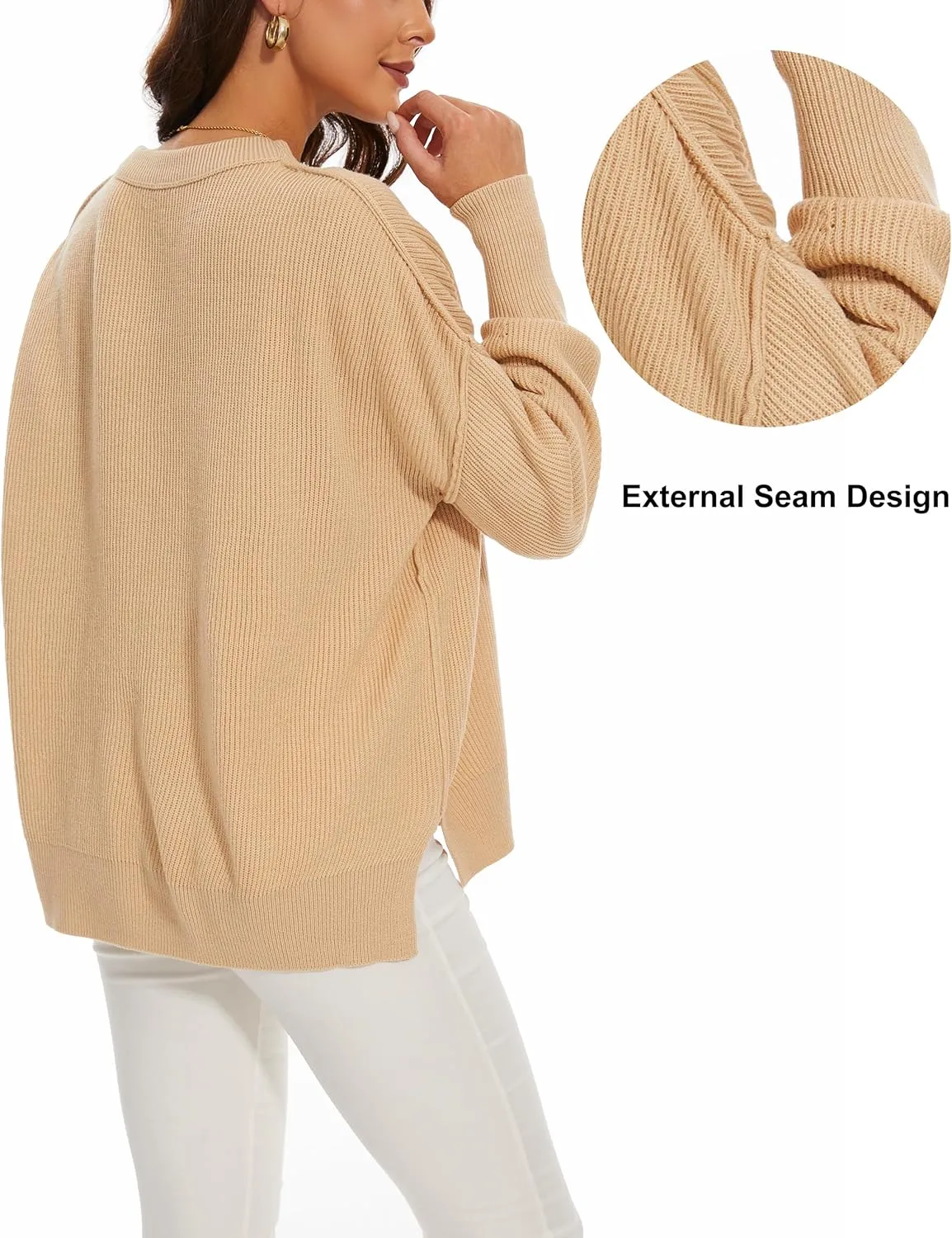 Women's Crewneck Long Sleeve Oversized Sweaters 2024 Fall Side Slit Ribbed Knit Pullover Sweater Tops