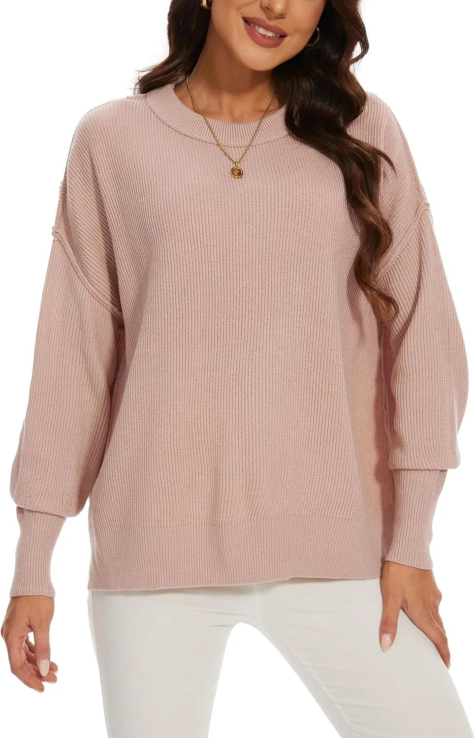 Women's Crewneck Long Sleeve Oversized Sweaters 2024 Fall Side Slit Ribbed Knit Pullover Sweater Tops