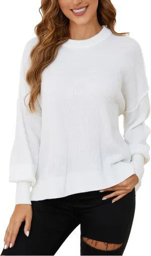 Women's Crewneck Long Sleeve Oversized Sweaters 2024 Fall Side Slit Ribbed Knit Pullover Sweater Tops
