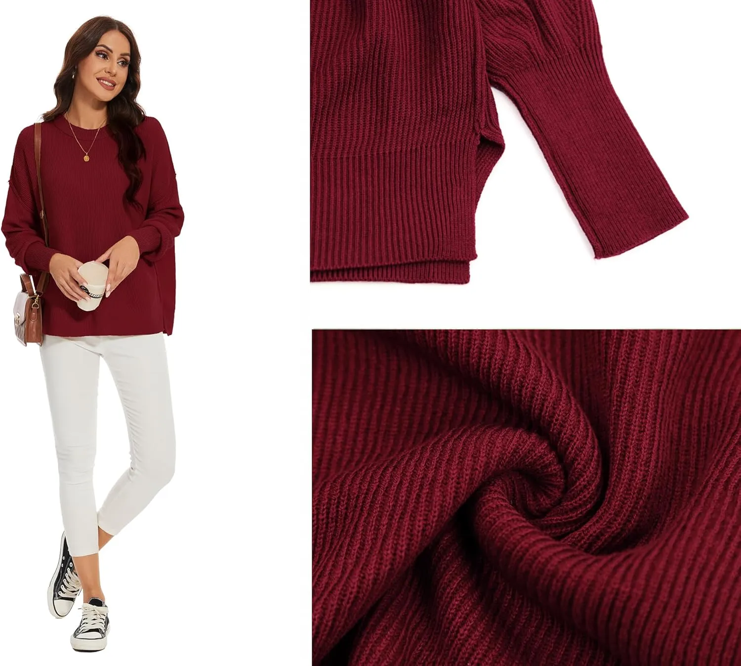 Women's Crewneck Long Sleeve Oversized Sweaters 2024 Fall Side Slit Ribbed Knit Pullover Sweater Tops