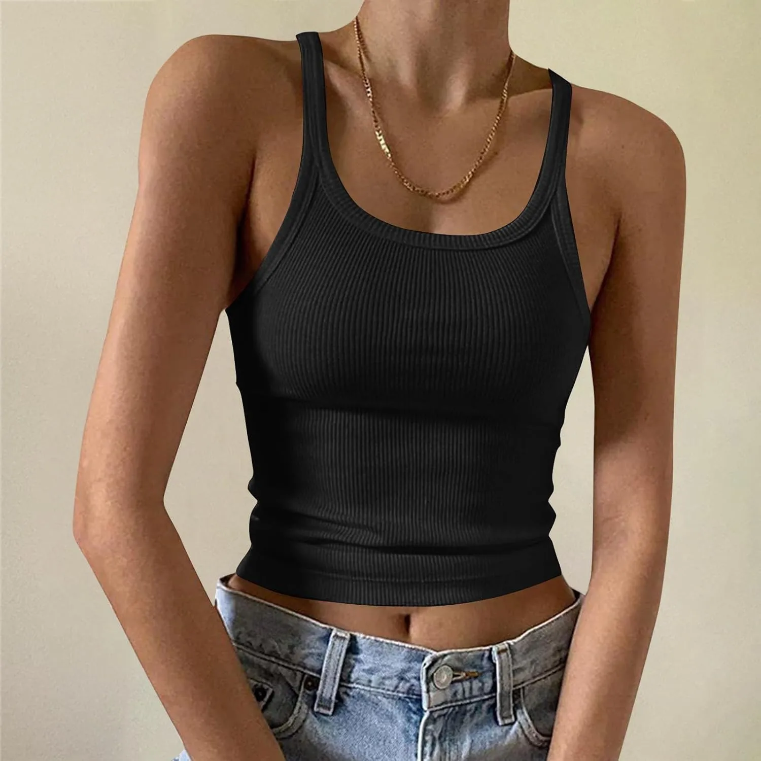 Women's Crop Workout Tank Tops Summer Sexy Ribbed Knit Sleeveless Spaghetti Strap Vests Gym Yoga Lounge Sports Camisole