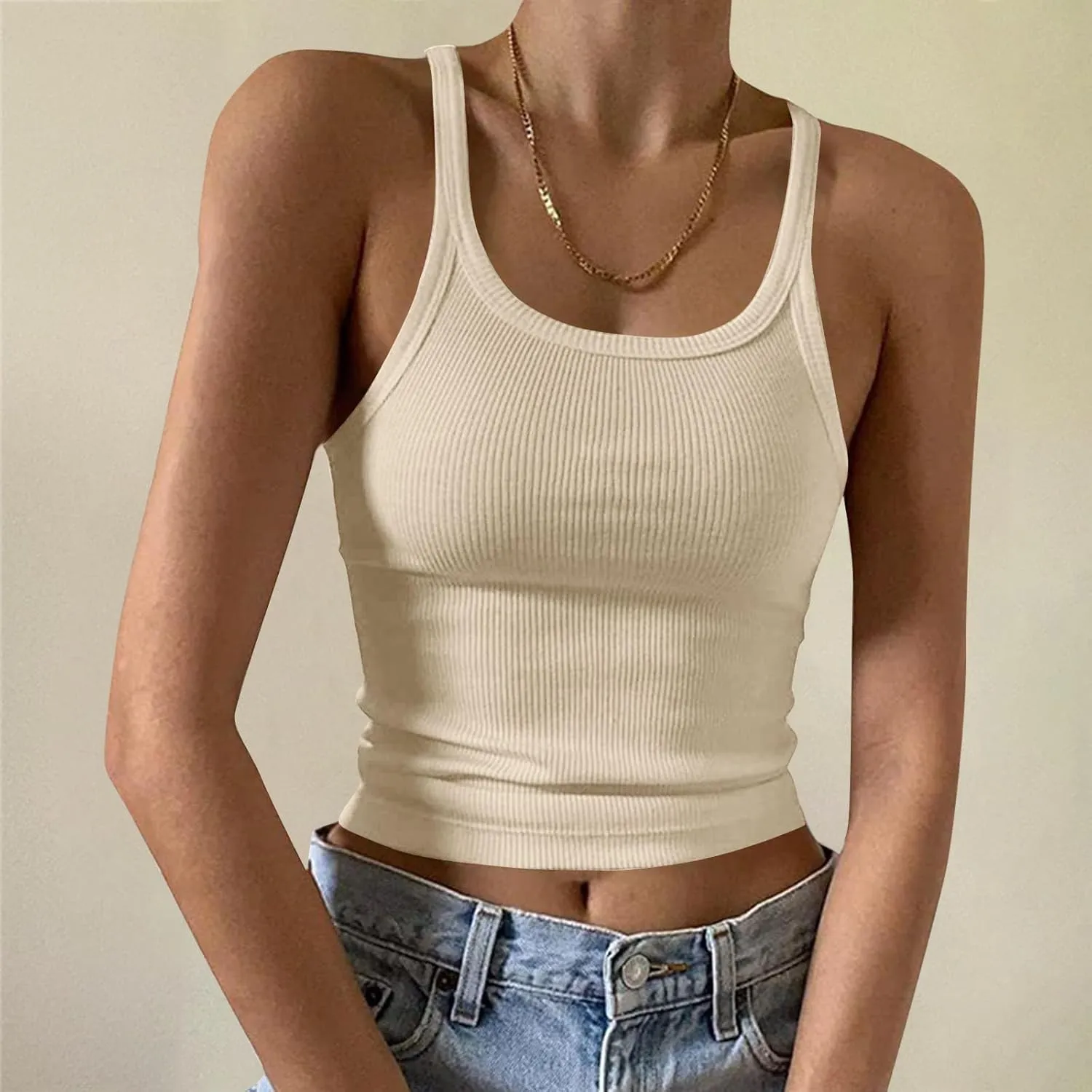 Women's Crop Workout Tank Tops Summer Sexy Ribbed Knit Sleeveless Spaghetti Strap Vests Gym Yoga Lounge Sports Camisole