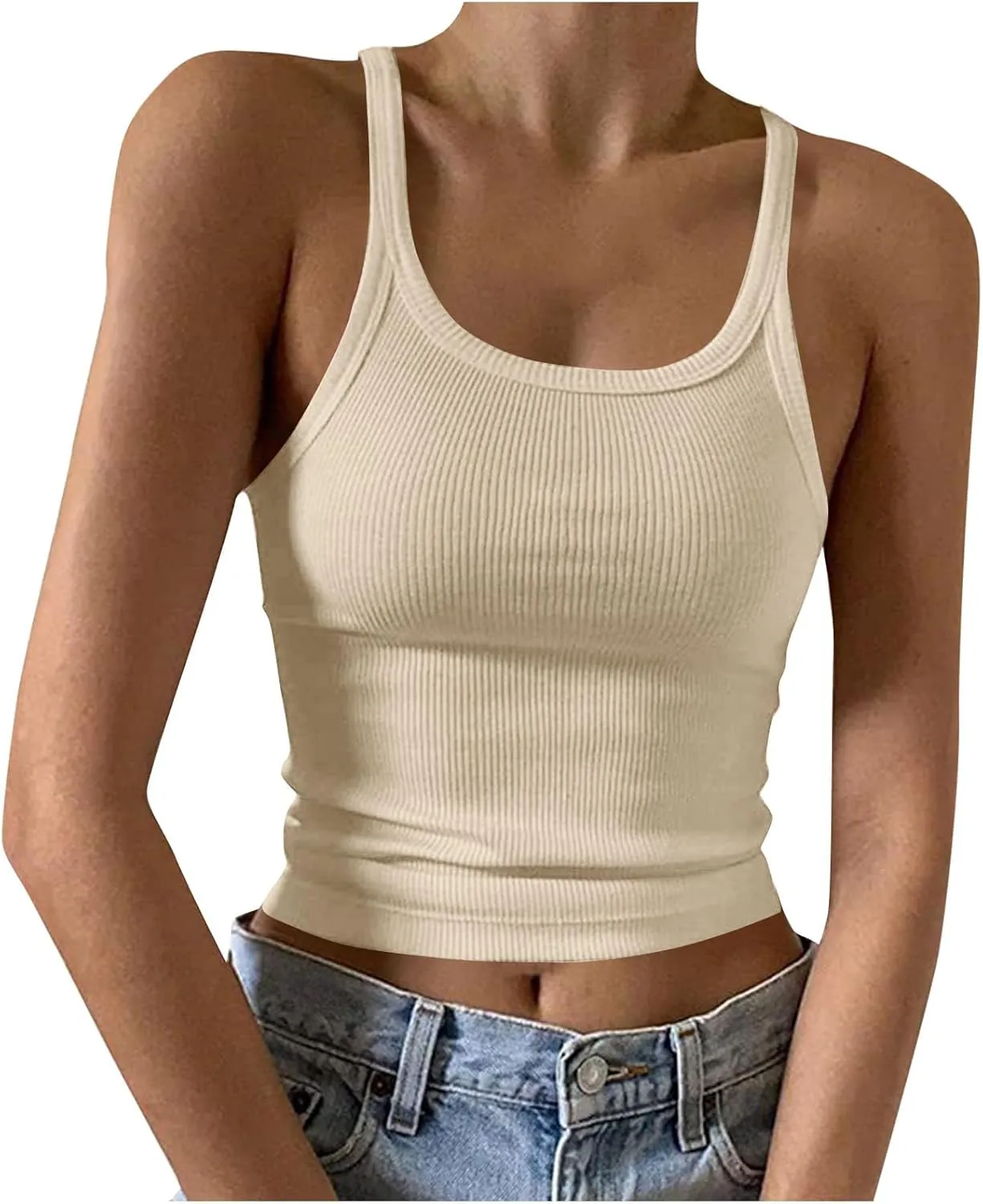Women's Crop Workout Tank Tops Summer Sexy Ribbed Knit Sleeveless Spaghetti Strap Vests Gym Yoga Lounge Sports Camisole