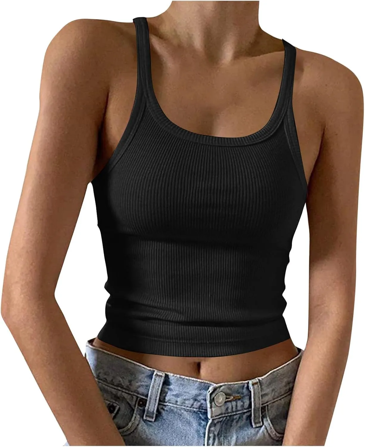 Women's Crop Workout Tank Tops Summer Sexy Ribbed Knit Sleeveless Spaghetti Strap Vests Gym Yoga Lounge Sports Camisole
