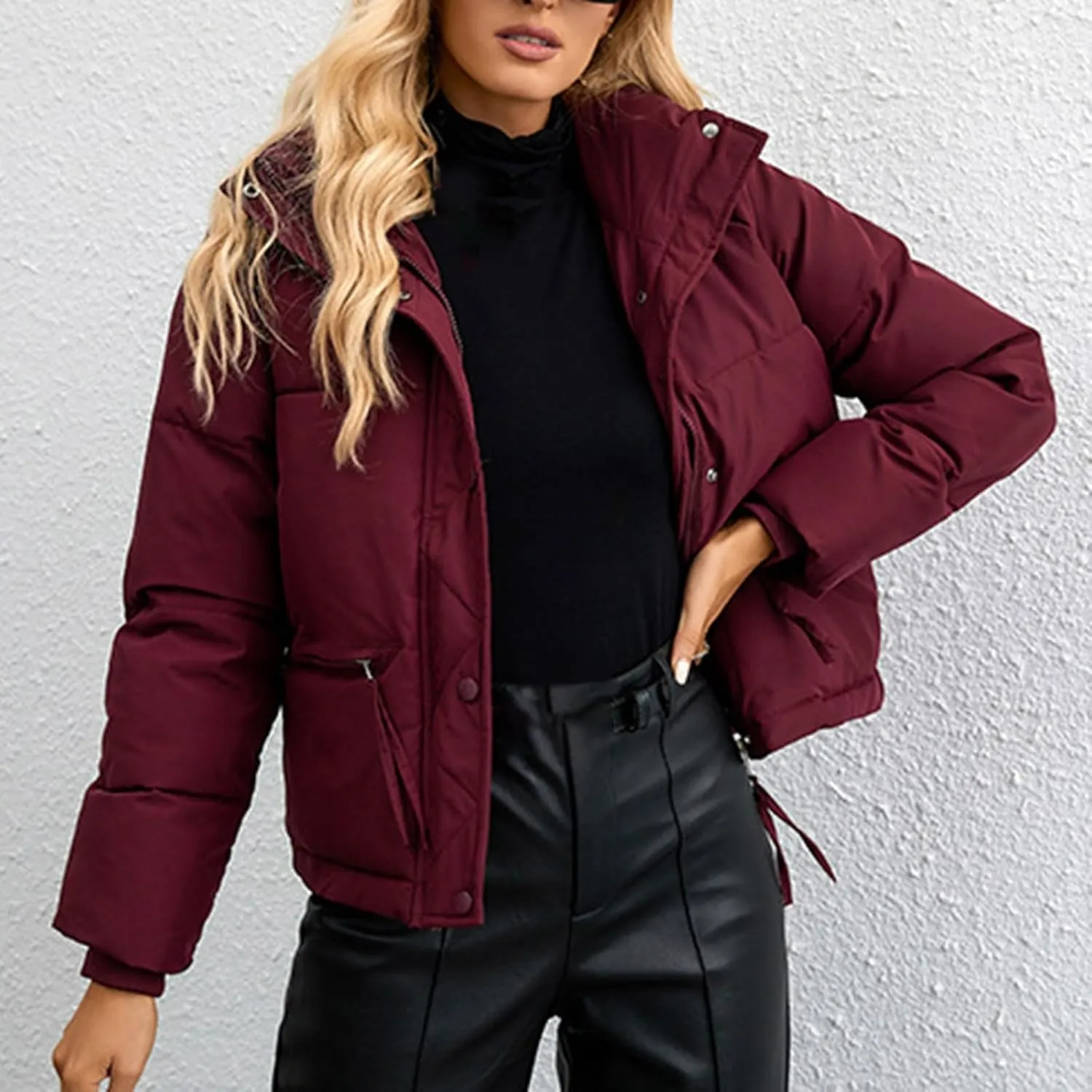Womens Cropped Puffer Jackets Winter Thicken Quilted Trench Coat Zip Up Padded Puffer Down Jacket with Pockets
