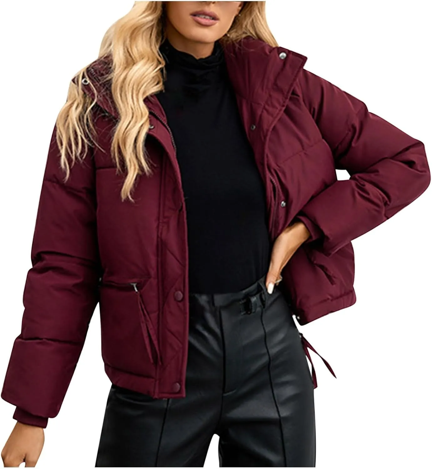 Womens Cropped Puffer Jackets Winter Thicken Quilted Trench Coat Zip Up Padded Puffer Down Jacket with Pockets