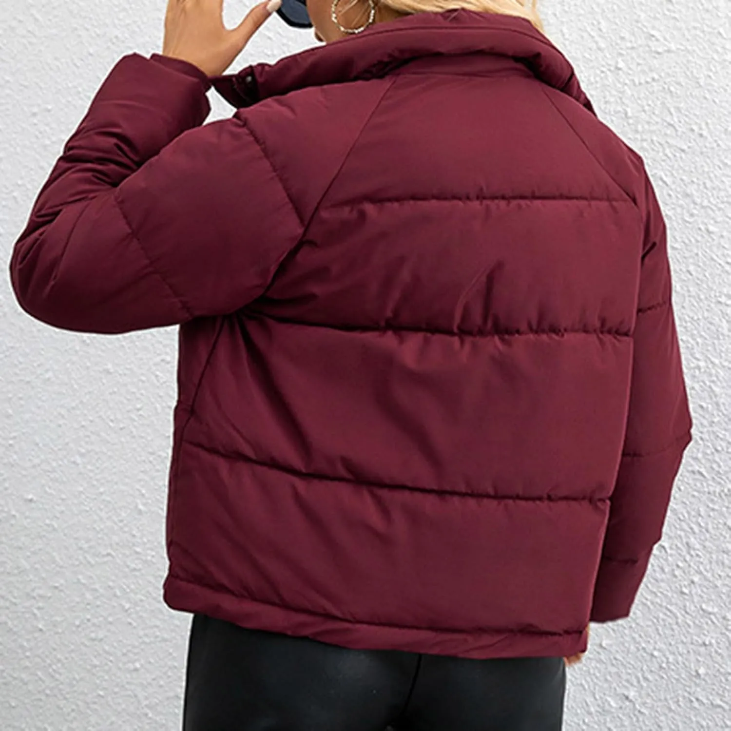 Womens Cropped Puffer Jackets Winter Thicken Quilted Trench Coat Zip Up Padded Puffer Down Jacket with Pockets