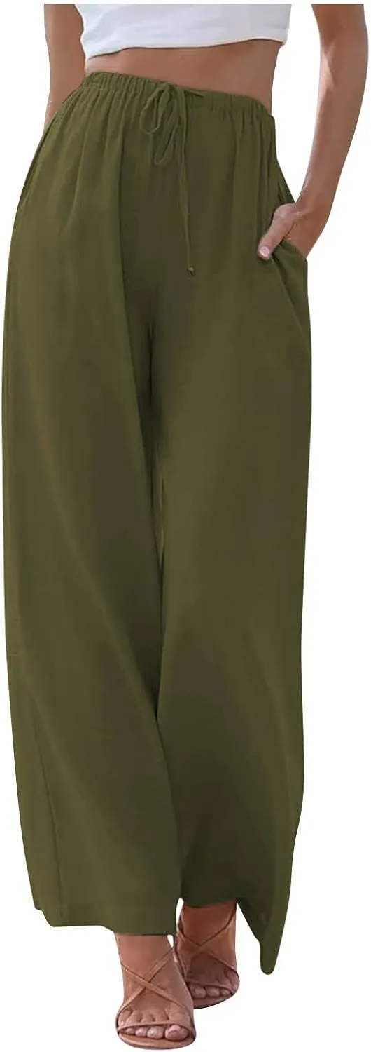 Womens Drawstring Elastic Waist Casual Wide Leg Trousers Cotton Linen Flowy Vacation Beach Palazzo Pants with Pockets