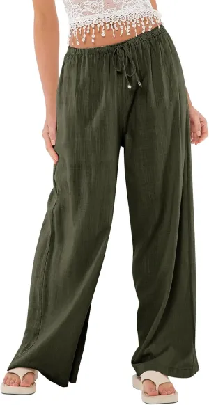 Womens Drawstring Elastic Waist Casual Wide Leg Trousers Cotton Linen Flowy Vacation Beach Palazzo Pants with Pockets
