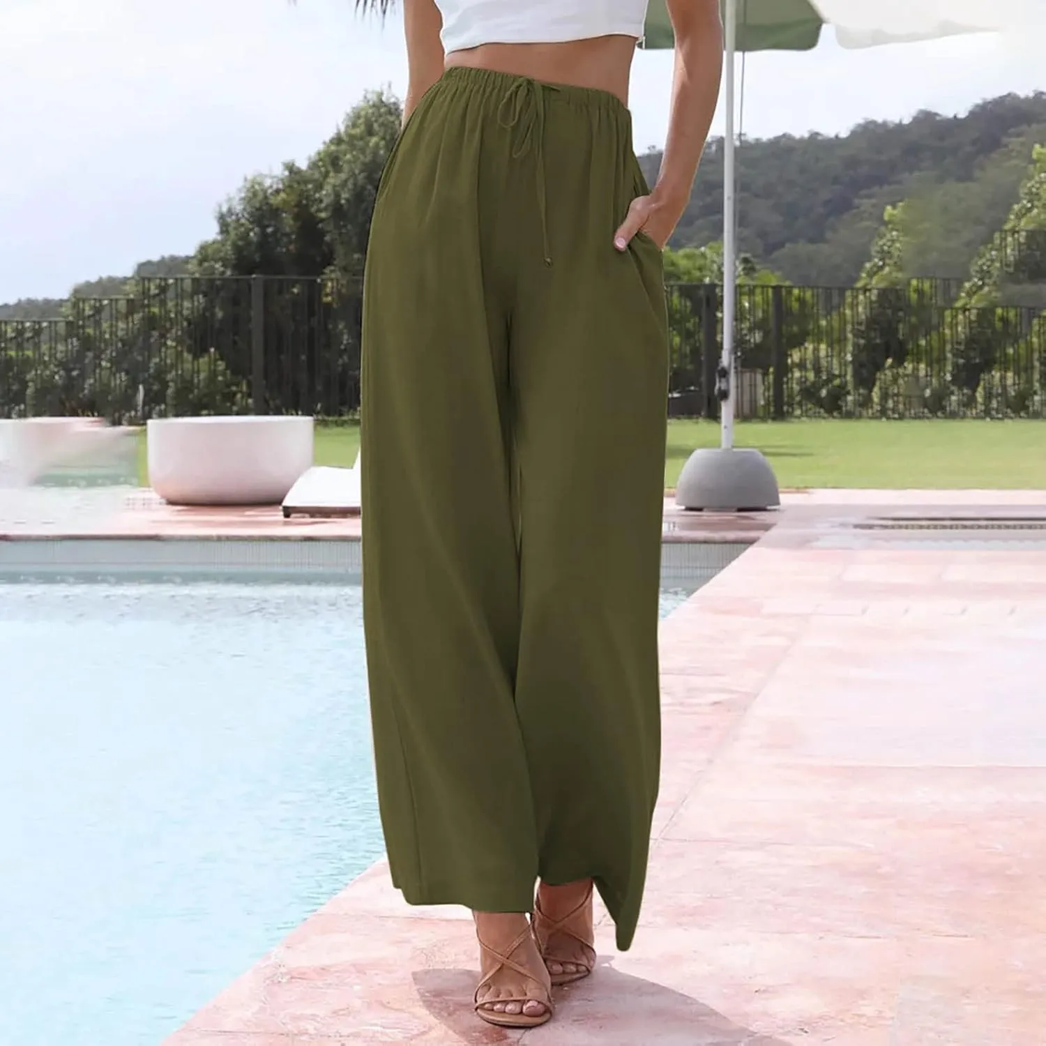 Womens Drawstring Elastic Waist Casual Wide Leg Trousers Cotton Linen Flowy Vacation Beach Palazzo Pants with Pockets