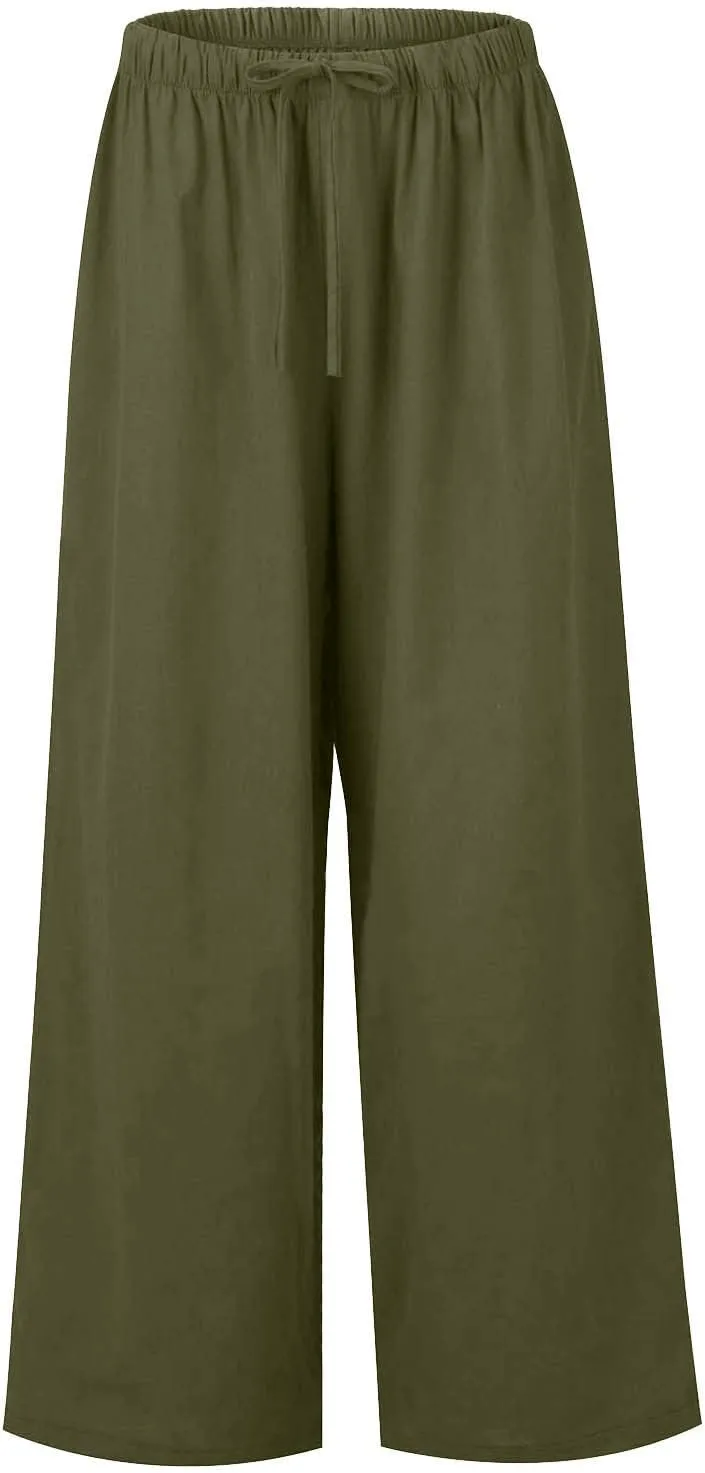 Womens Drawstring Elastic Waist Casual Wide Leg Trousers Cotton Linen Flowy Vacation Beach Palazzo Pants with Pockets