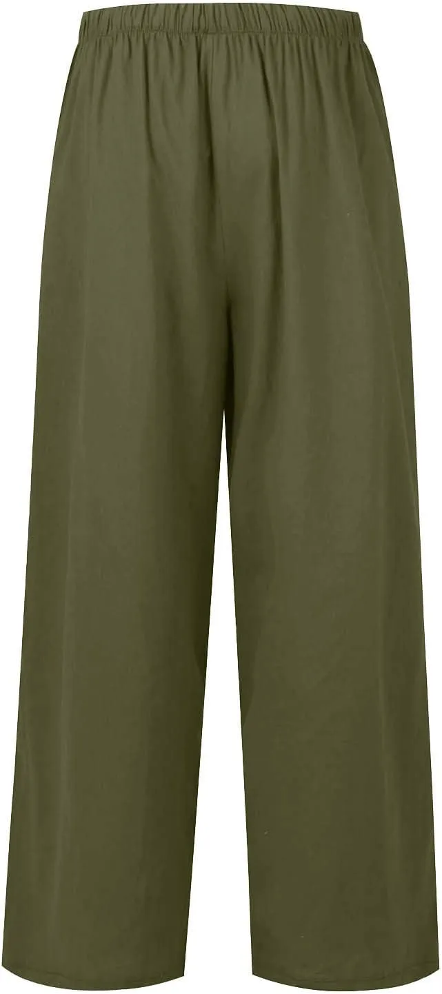 Womens Drawstring Elastic Waist Casual Wide Leg Trousers Cotton Linen Flowy Vacation Beach Palazzo Pants with Pockets