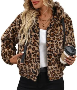 Women's Faux Fur Crop Coat Full Zip Fleece Sherpa Jacket with Hood