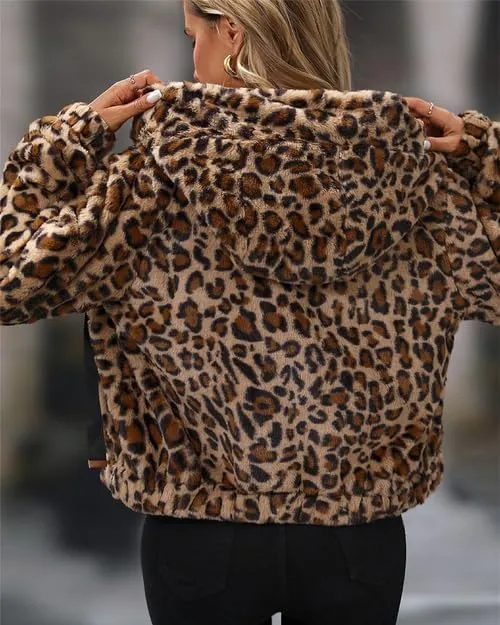 Women's Faux Fur Crop Coat Full Zip Fleece Sherpa Jacket with Hood