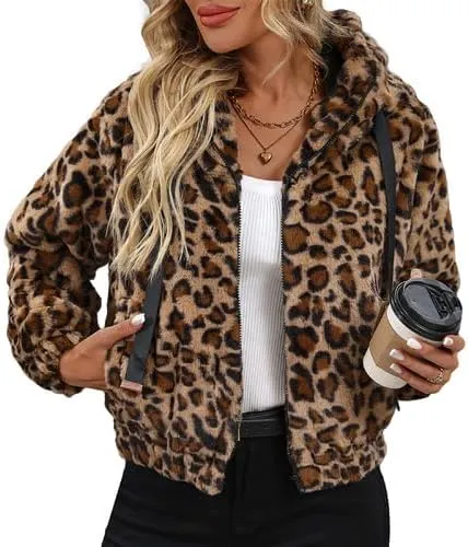 Women's Faux Fur Crop Coat Full Zip Fleece Sherpa Jacket with Hood