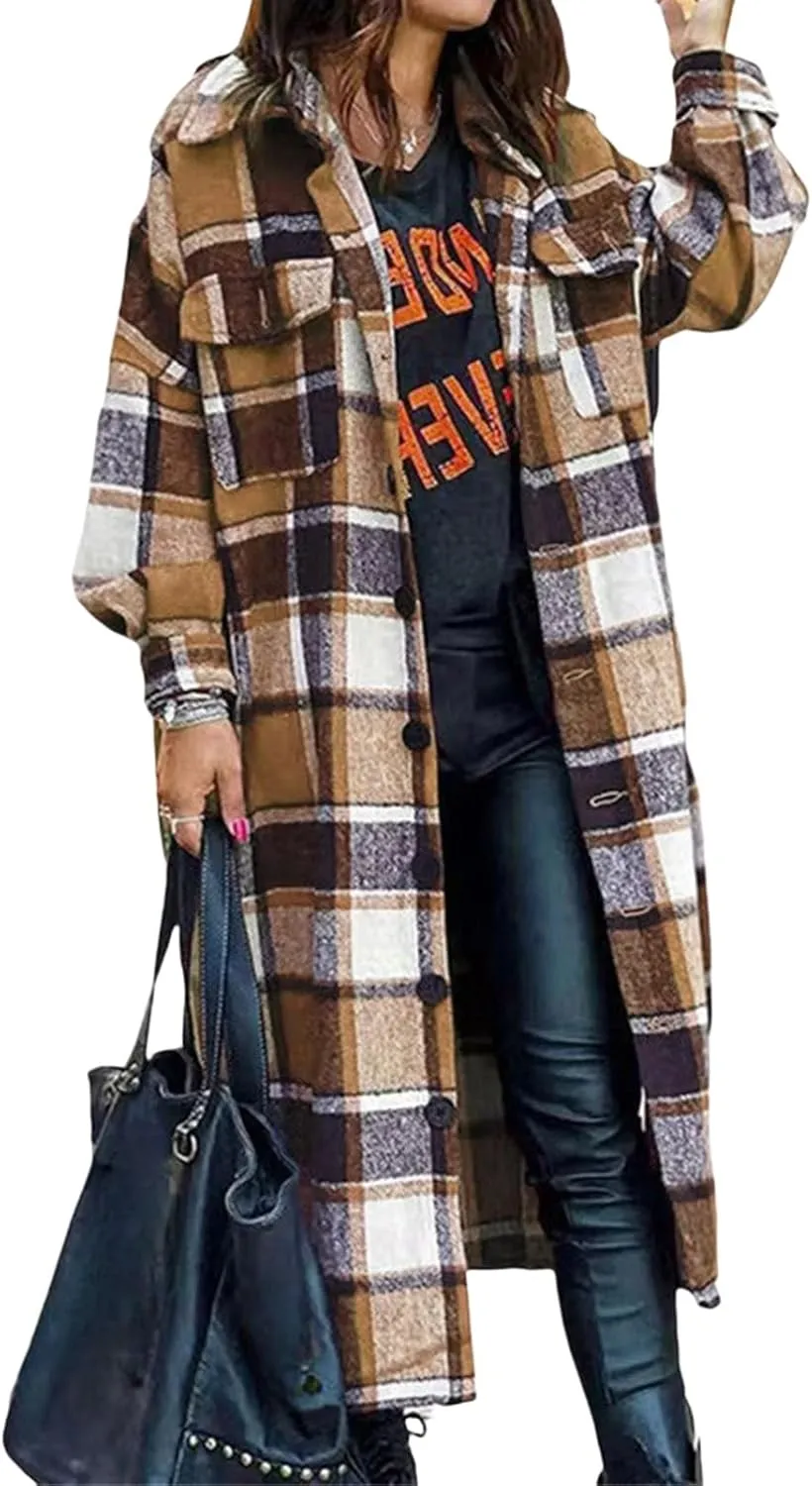Womens Flannel Plaid Shacket Long Lapel Wool Blend Coat Loose Fit Button Down Lapel Trench Coat