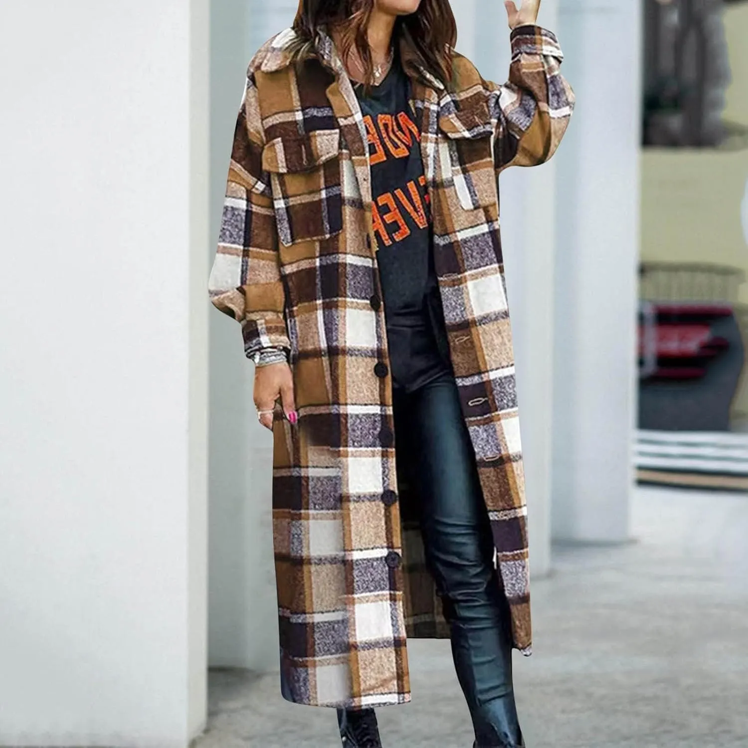 Womens Flannel Plaid Shacket Long Lapel Wool Blend Coat Loose Fit Button Down Lapel Trench Coat