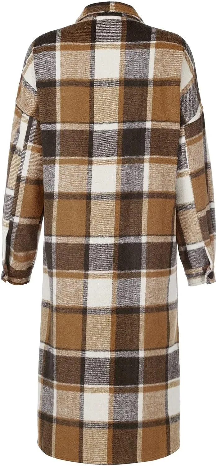 Womens Flannel Plaid Shacket Long Lapel Wool Blend Coat Loose Fit Button Down Lapel Trench Coat