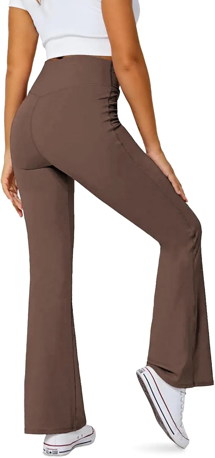 Women's Flare Leggings with Pockets-Crossover High Waisted Bootcut Yoga Pants-Tummy Control Bell Bottom Leggings