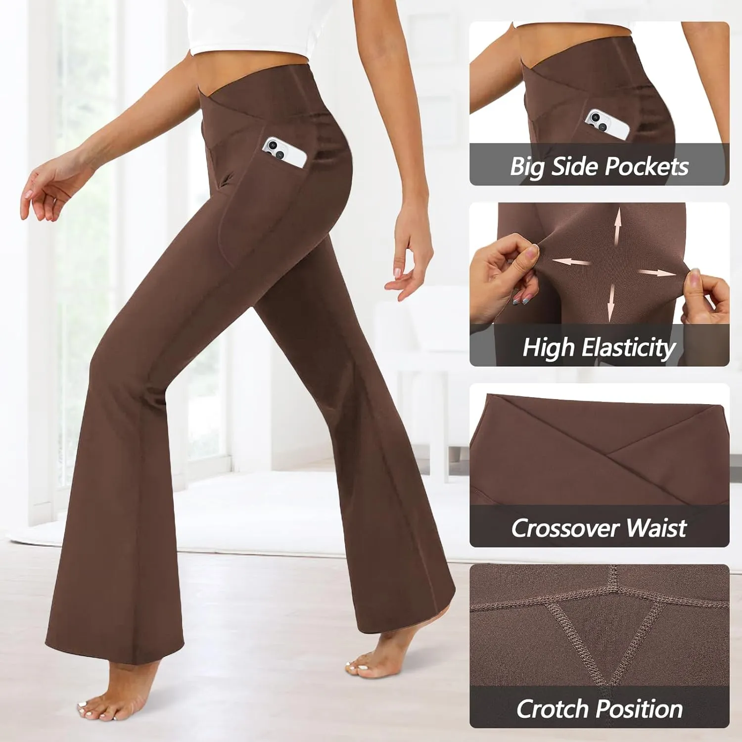 Women's Flare Leggings with Pockets-Crossover High Waisted Bootcut Yoga Pants-Tummy Control Bell Bottom Leggings