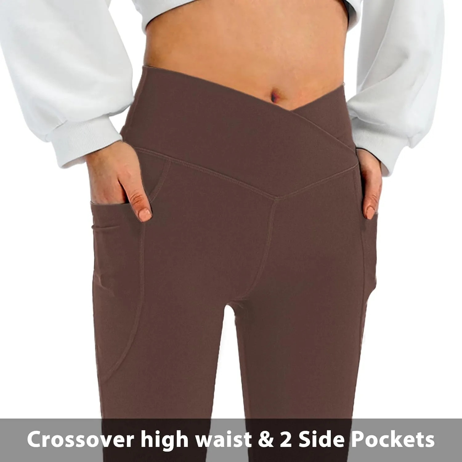 Women's Flare Leggings with Pockets-Crossover High Waisted Bootcut Yoga Pants-Tummy Control Bell Bottom Leggings