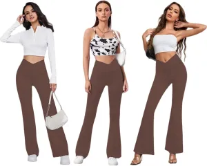 Women's Flare Leggings with Pockets-Crossover High Waisted Bootcut Yoga Pants-Tummy Control Bell Bottom Leggings