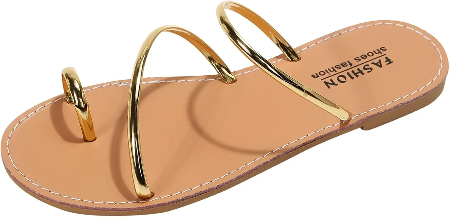 Womens Flat Toe Ring Thongs Shoes Sandals Women Slippers Comfort Flat Bottom Non Slip Beach Women's Slide Sandals