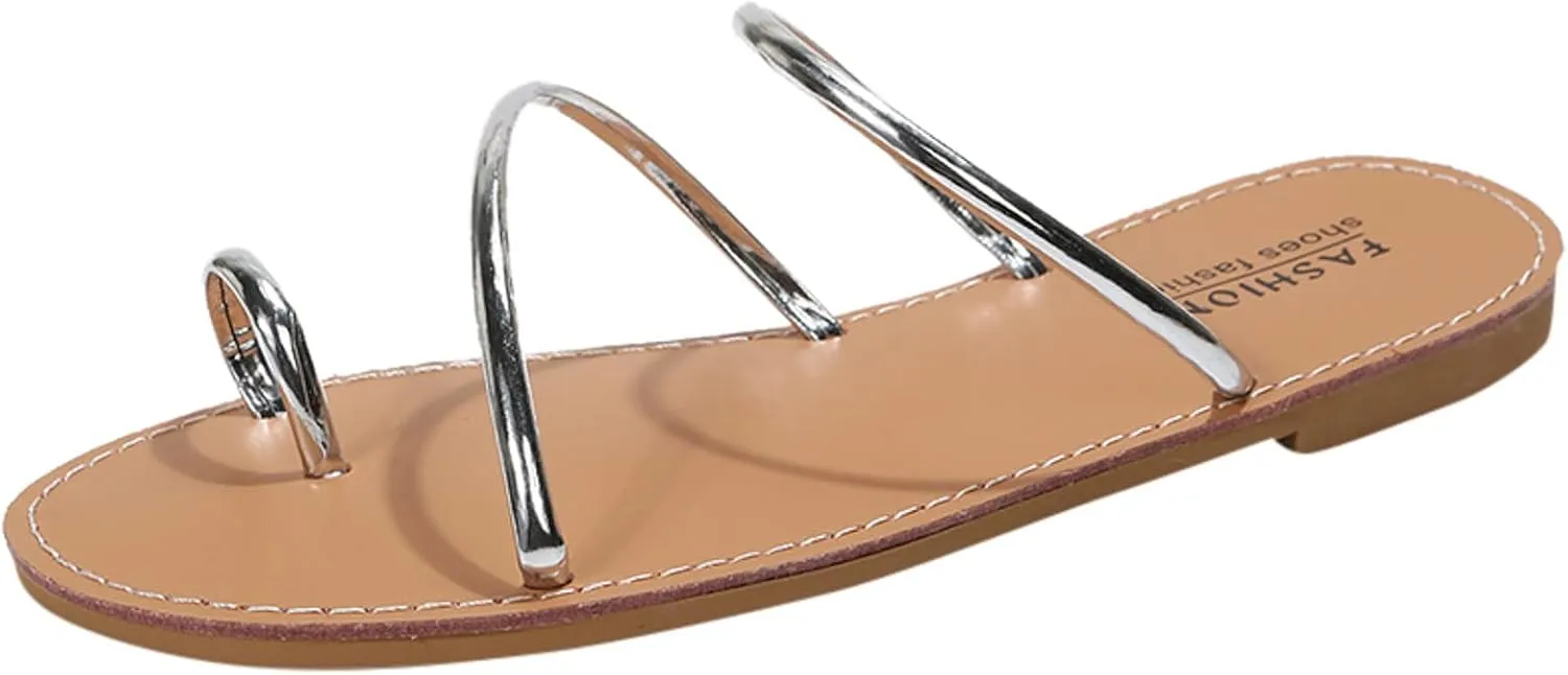 Womens Flat Toe Ring Thongs Shoes Sandals Women Slippers Comfort Flat Bottom Non Slip Beach Women's Slide Sandals